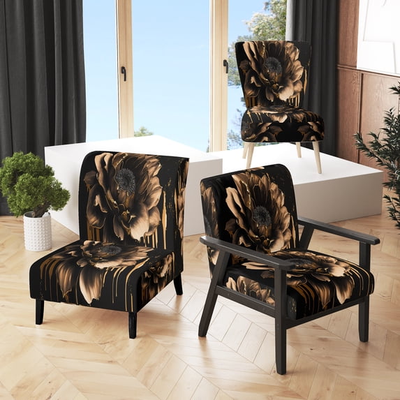 Designart "Elegant Black and Gold Dahlia" Black Dahlia Upholstered Accent Chair - Traditional Arm Chair For Living Room