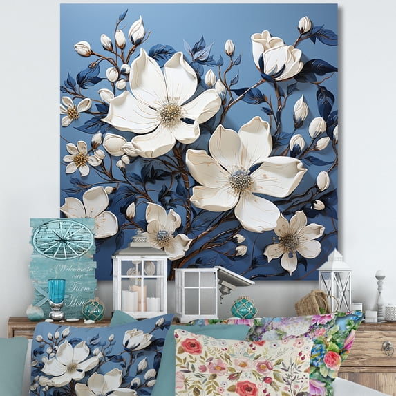 Designart "Elegant Blooming Blue And White Magnolias" Magnolias Canvas Art Print