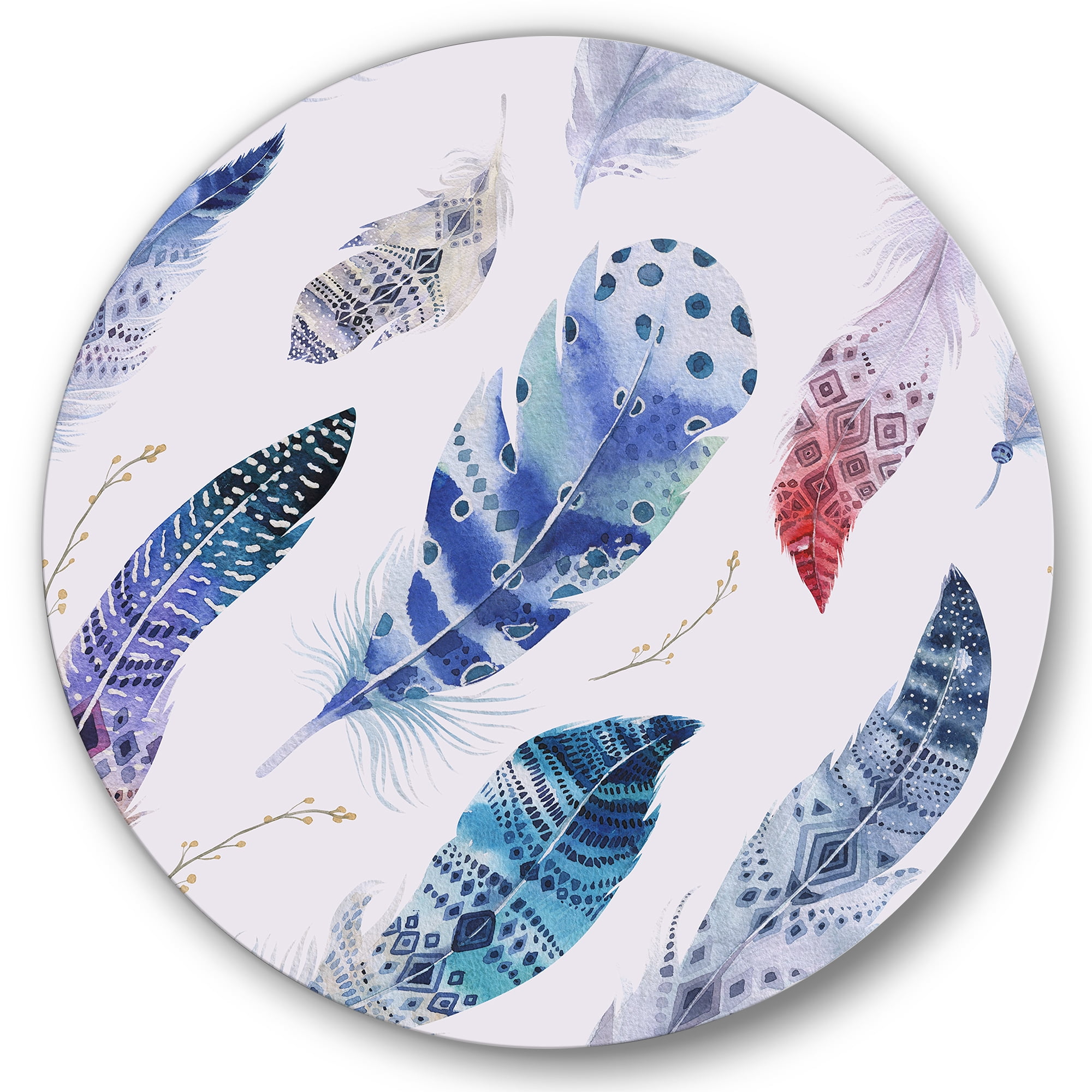 Designart 'Elegant Blue Boho Art Feathers' Bohemian & Eclectic Circle Metal Wall Art 23x23 - Disc of 23
