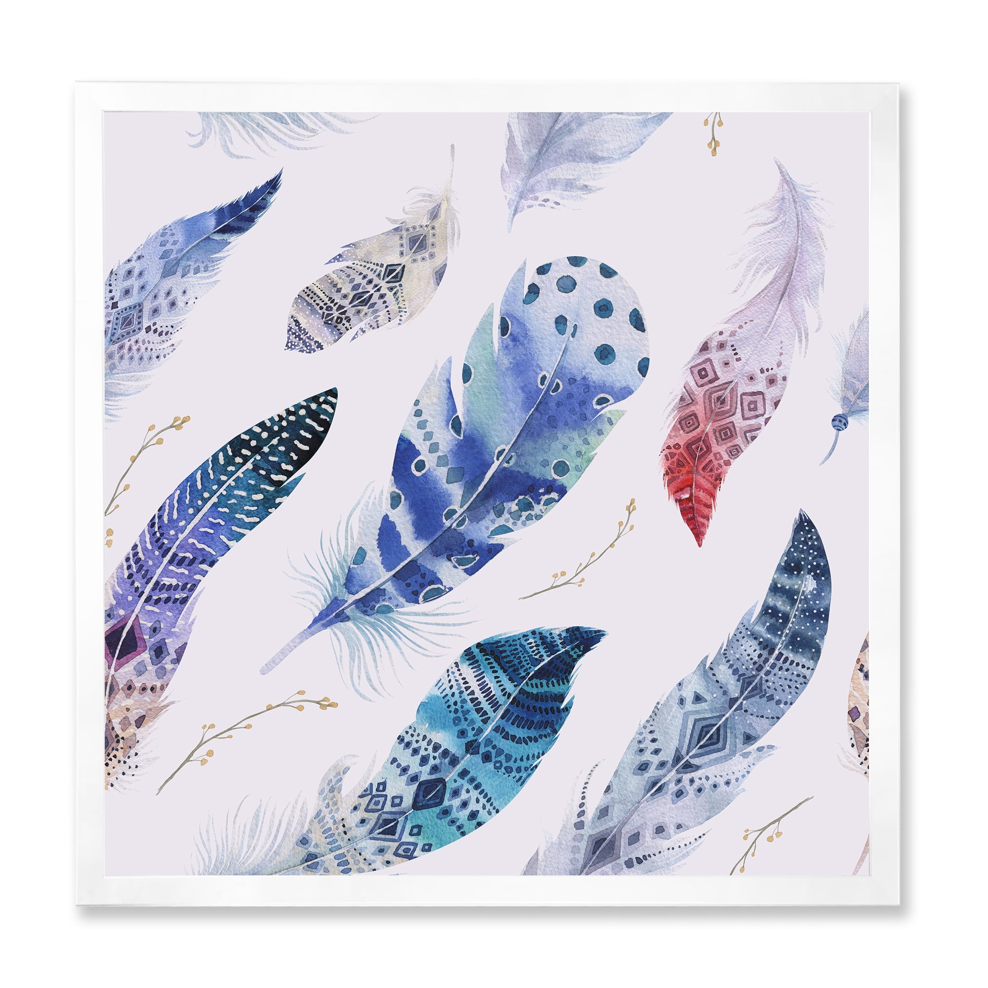 Designart 'Elegant Blue Boho Art Feathers' Bohemian & Eclectic Framed Art Print