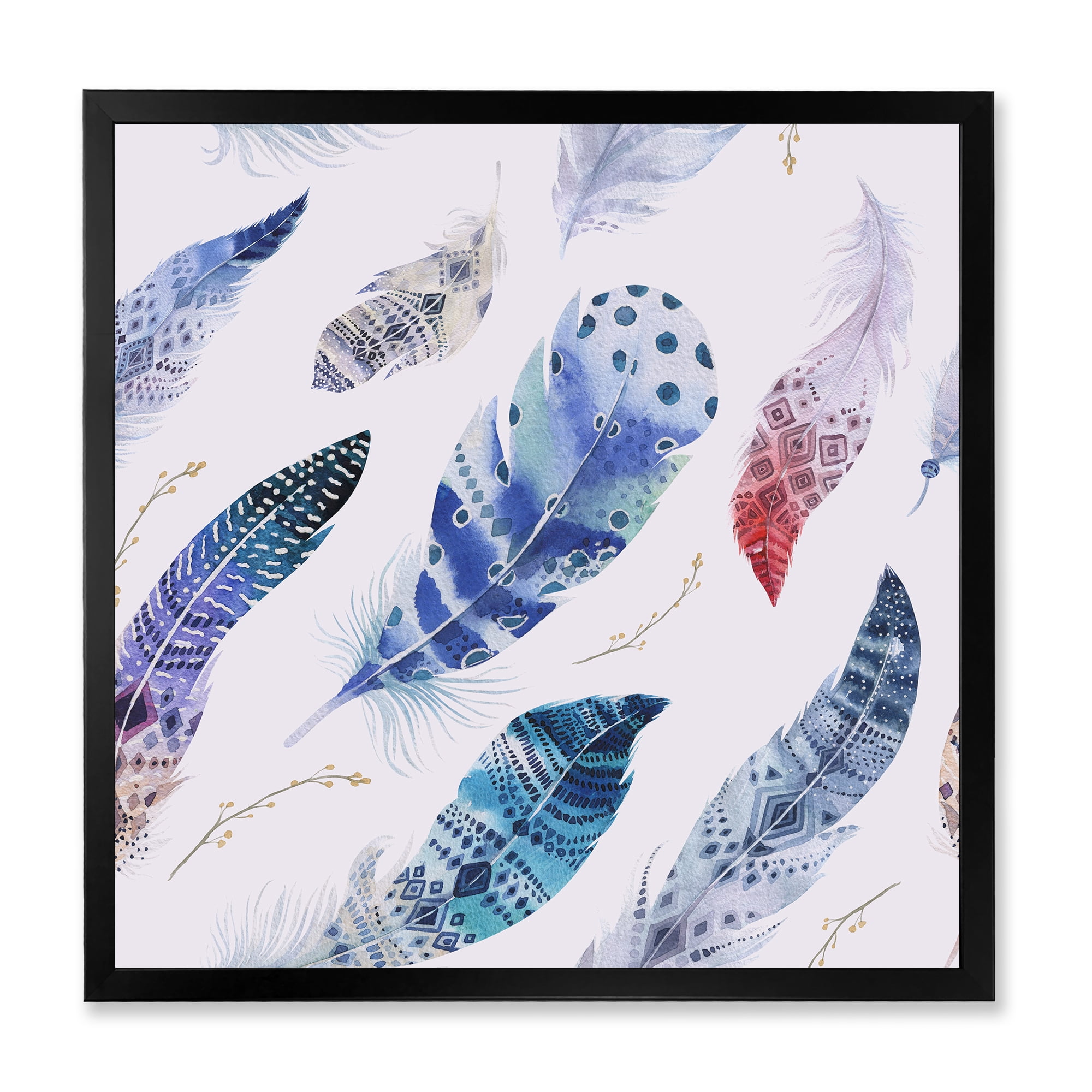 Designart 'Elegant Blue Boho Art Feathers' Bohemian & Eclectic Framed Art Print