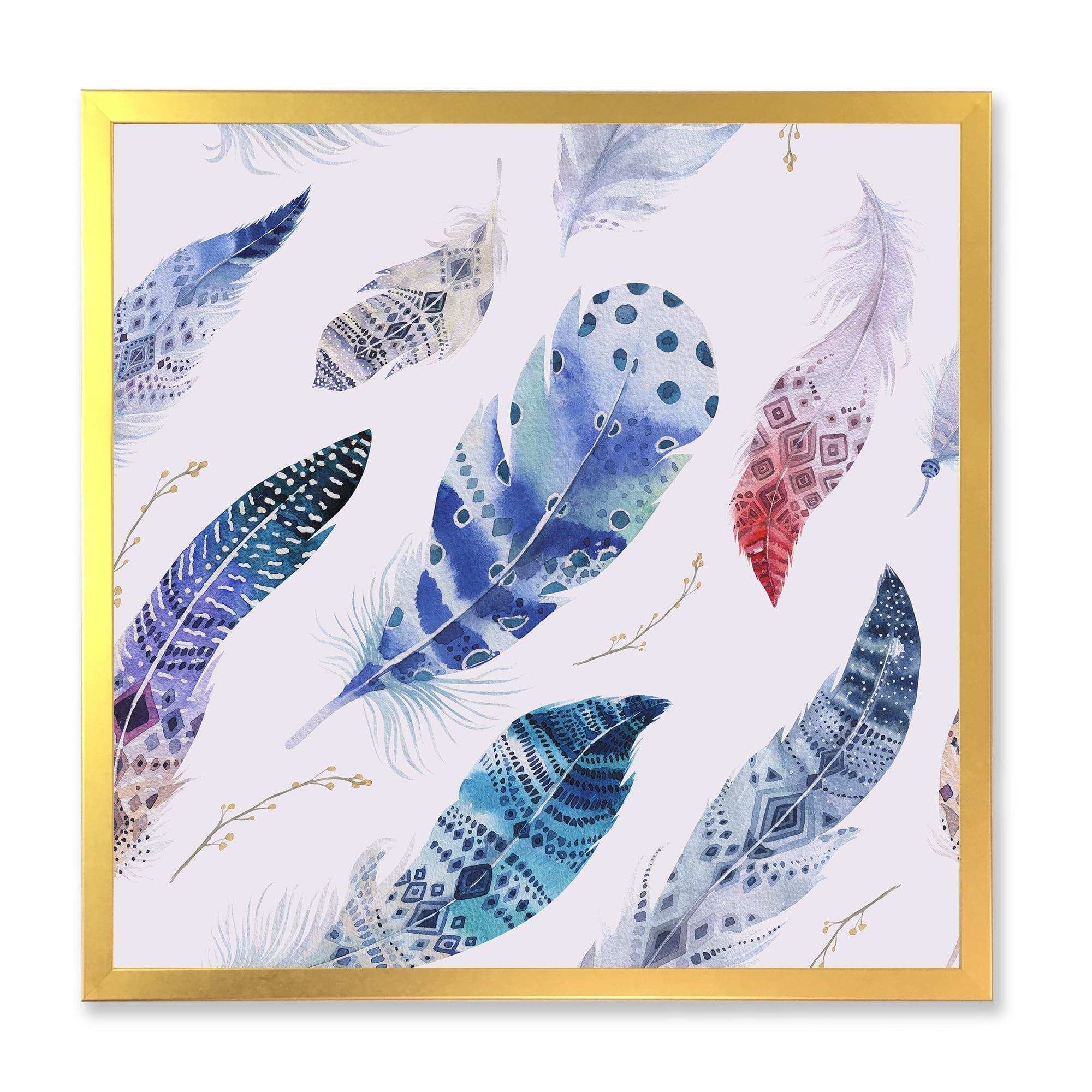 Designart 'Elegant Blue Boho Art Feathers' Bohemian & Eclectic Framed Art Print