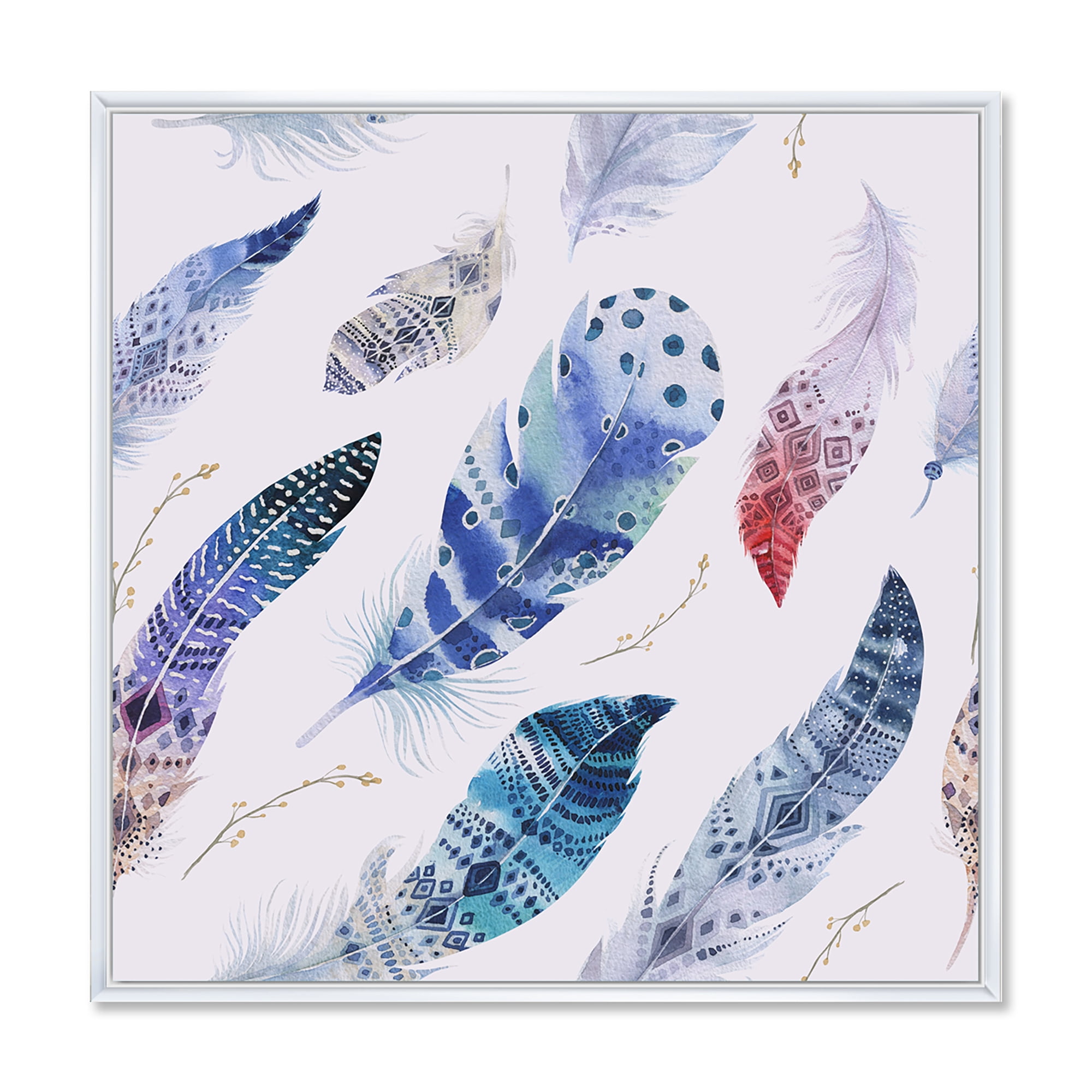 Designart 'Elegant Blue Boho Art Feathers' Bohemian & Eclectic Framed Canvas Wall Art Print
