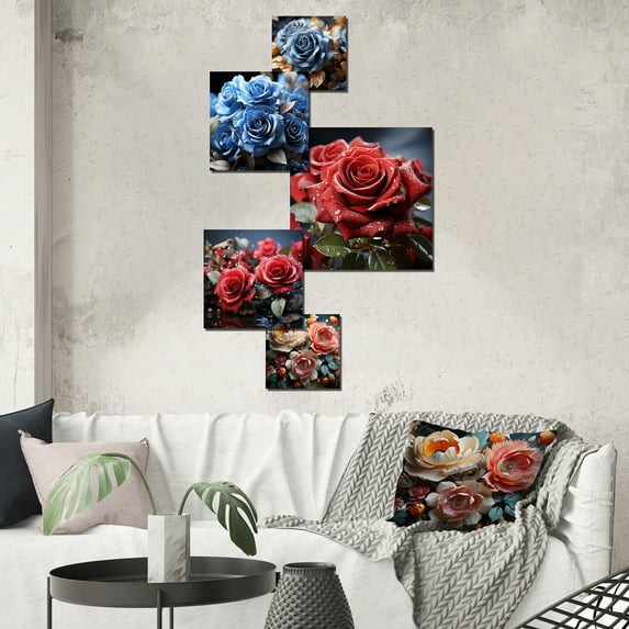 Designart "Elegant Blue Rose Display" Roses Wall Art Set Of 5 - Blue Traditional Living Room Metal Art Set
