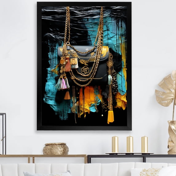 Designart "Elegant Blue and Black Handbag" Fashion Framed Wall Art - Glam Black Fashion Bag Entryway Framed Wall Art