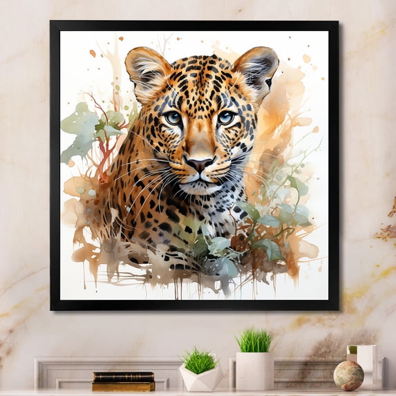Designart "Elegant Brown Leopard Portrait" Animals Framed Wall Art Decor - Modern Brown Leopard Entryway Framed Wall Art Print