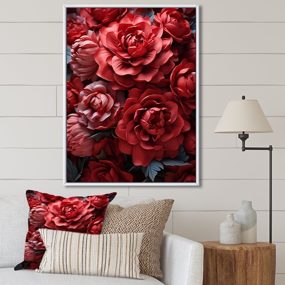Designart "Elegant Crimson Peonies I" Peonies Floater Framed Canvas Wall Art