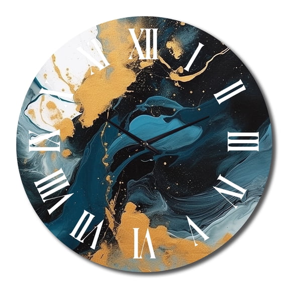 Designart "Elegant Dark Blue and Gold Strokes XI" Fractals Oversized Wall Clock