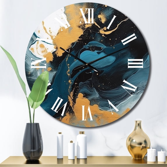 Designart "Elegant Dark Blue and Gold Strokes XI" Fractals Oversized Wall Clock