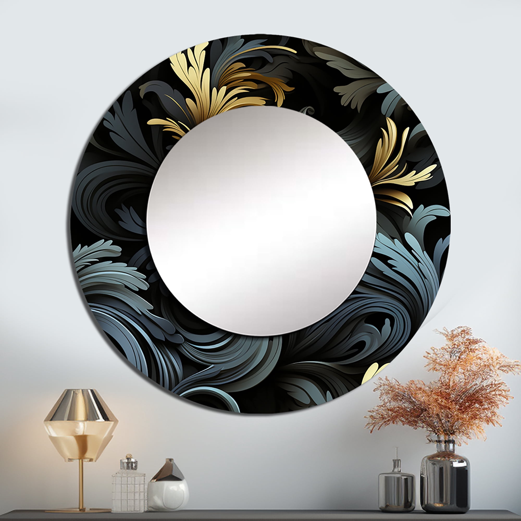 Designart "Elegant Ebony with Black and Gold Paisley I" Paisley Round ...