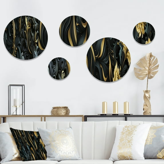 Designart "Elegant Ebony With Black And Gold Paisley" Paisley Round Wall Art Set Of 5 - Black Glam For Bedroom Wall Art Set