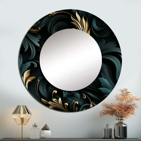 Designart "Elegant Ebony With Black And Gold Paisley" Paisley Rund Mirror For Wall Decor - Large Black Round Print Mirror - Round Glam Mirror - Wall Mounted Round Large Mirror - 23" x 23"