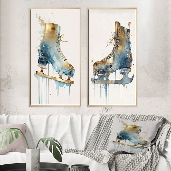 Designart "Elegant Figure Skate on Ice I" Sport Hockey Framed Wall Art Set Of 2 - Gold Sports Gallery Wall Frame Set For Home Decor