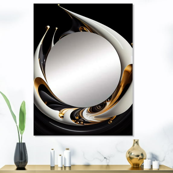 Designart "Elegant Gold, Black, and White Stained Glass II" Modern Mirror Wall Decor - Modern Gold Abstract Hallway Wall Mirror Art - 40" x 30" Inch
