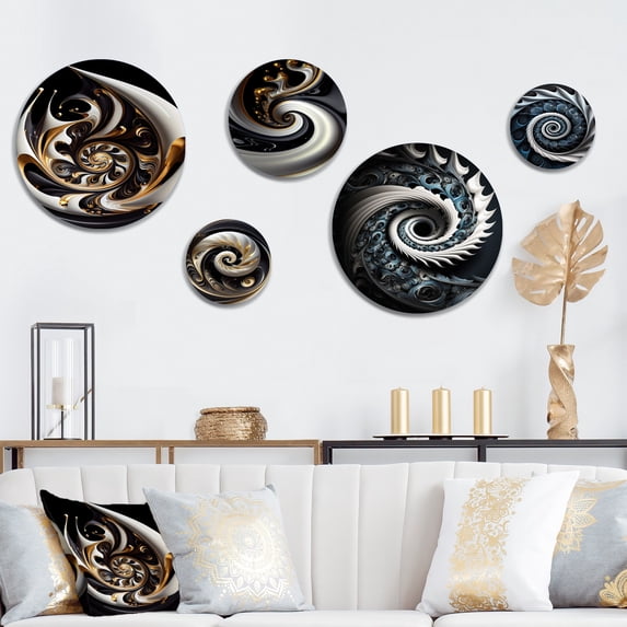 Designart "Elegant Gold, Black, and White Stained Glass II" Modern Spiral Metal Wall Art Set of 5 Piece