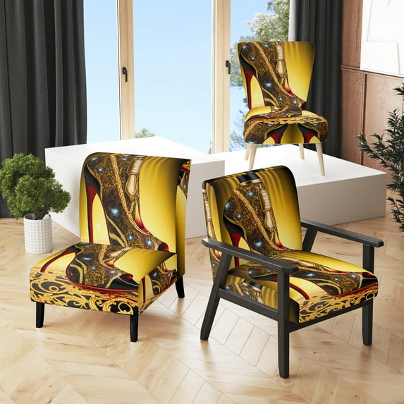 Designart "Elegant High Heel in Black and Gold III" Gold Fashion Upholstered Accent Chair - Glam Arm Chair For Bedroom