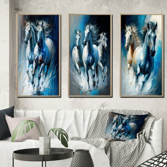Designart "Elegant Horses Galloping Together II" Animals Framed Wall Art Set Of 3 - Blue Horse Frame Gallery Wall Set For Home Decor