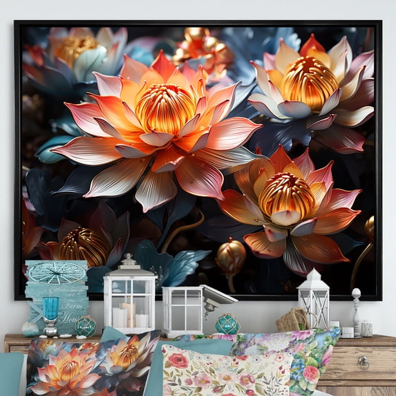 Designart "Elegant Lotus Blooms I" Lotus Floater Framed Canvas Art Print