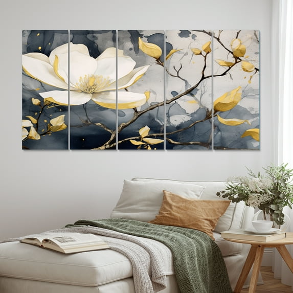 Designart "Elegant Magnolias in Yellow and Grey III" Floral Metal Wall Décor Set
