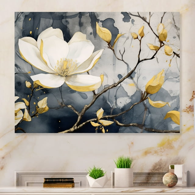 Designart "Elegant Magnolias in Yellow and Grey III" Magnolias Metal Art Living Room