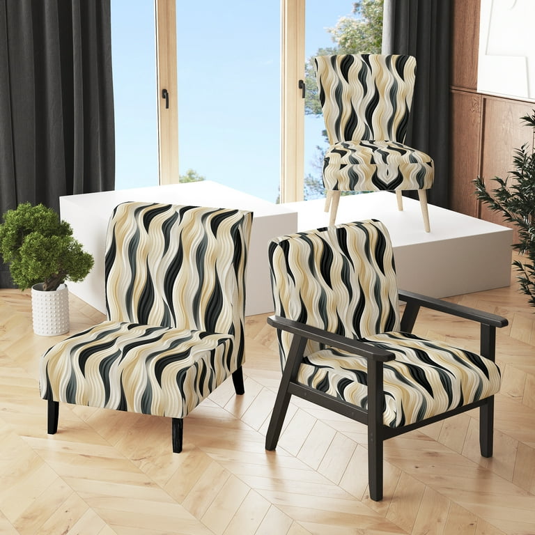 Designart Elegant Minimalism in Black and White III Beige Striped Upholstered Accent Chair Modern Arm Chair For Bedroom