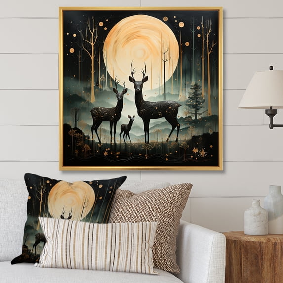 Designart "Elegant Night Deer Family" Animals Framed Wall Art - Traditional White Deer Landscape Entryway Framed Wall Art Print