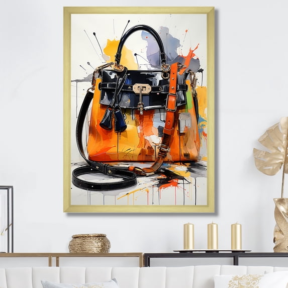 Designart "Elegant Orange Handbag" Fashion Framed Wall Art - Glam Orange Fashion Bag Entryway Framed Wall Art Print