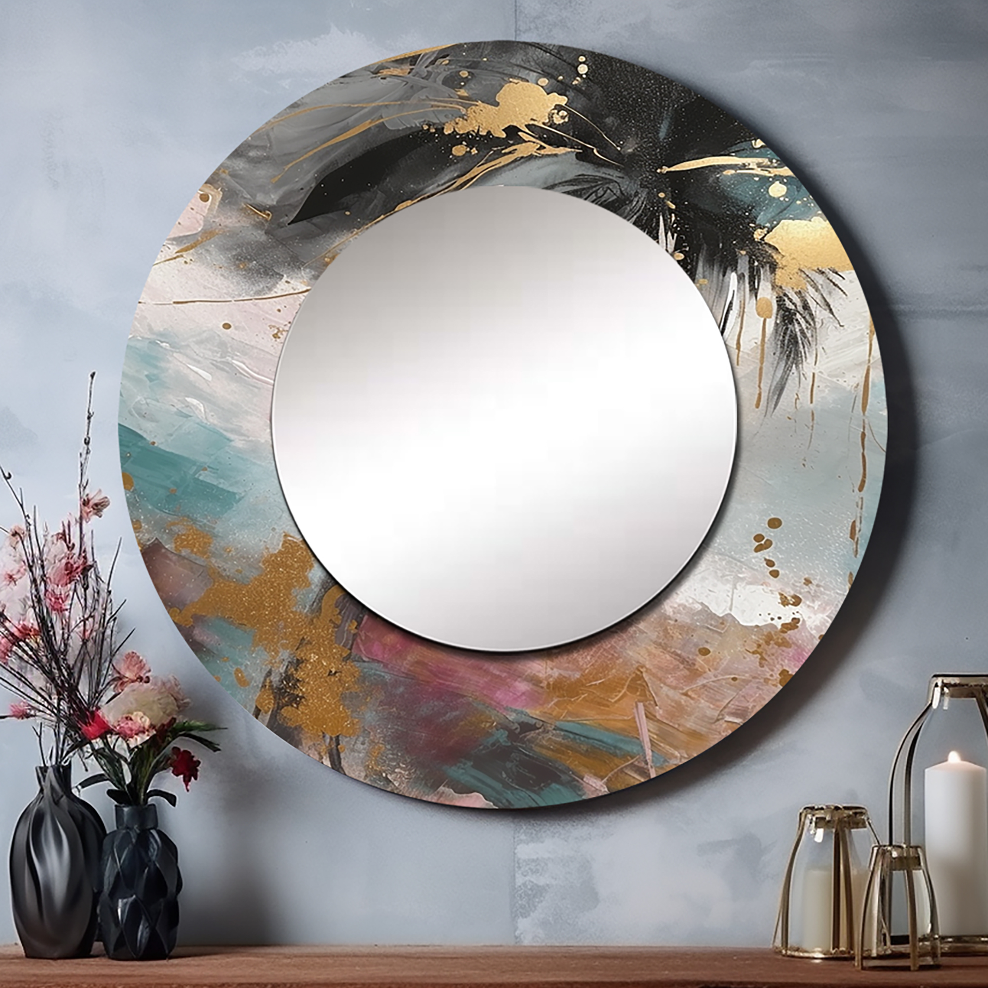 Designart "Elegant Palm Trees Black I" Floral Leaves Rund Mirror For ...