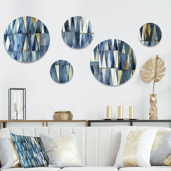 Designart "Elegant Rustic Lattices In Cobalt II" Geometric Round Wall Art Set Of 5 - Blue Modern Living Room Wall Metal Art Set