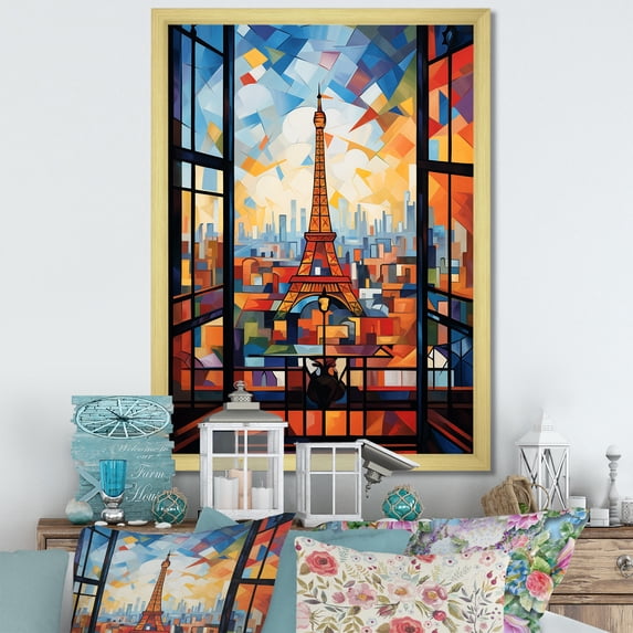 Designart "Elegant Sunset View from Cubic Paris Window II" Cityscapes Framed Wall Art - Industrial Orange Paris Entryway Framed Wall Art