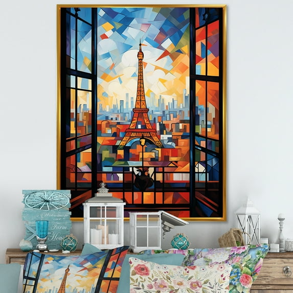 Designart "Elegant Sunset View from Cubic Paris Window II" Cityscapes Framed Wall Art - Industrial Orange Paris Entryway Framed Wall Art