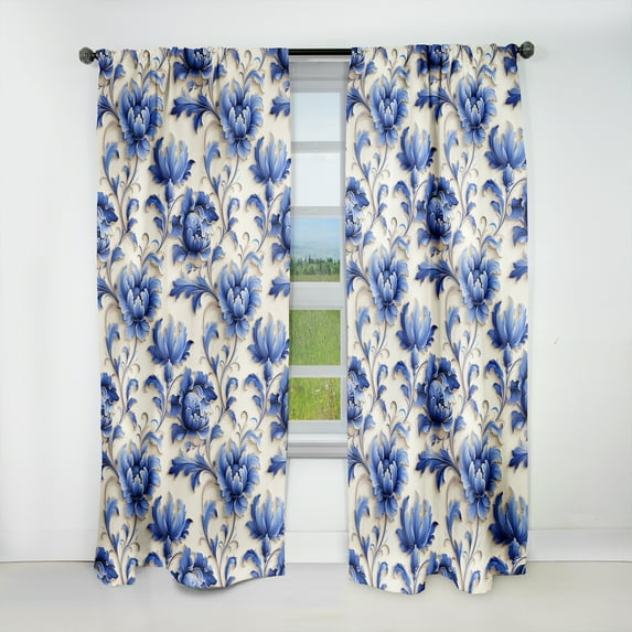 Designart "Elegant Victorian Frames: Blue Ornamental Design II" Floral Blackout Curtain Single Panel