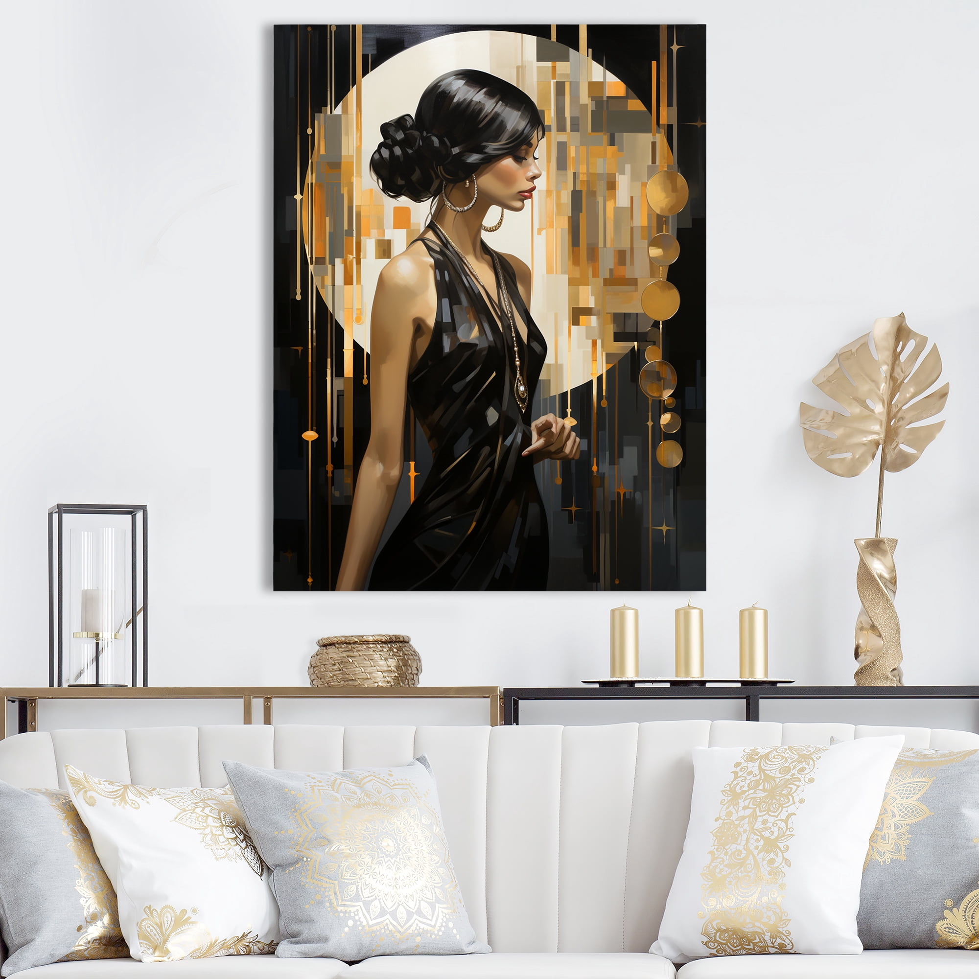 Designart "Elegant Woman Portrait in Black and Gold I" Fashion Canvas ...