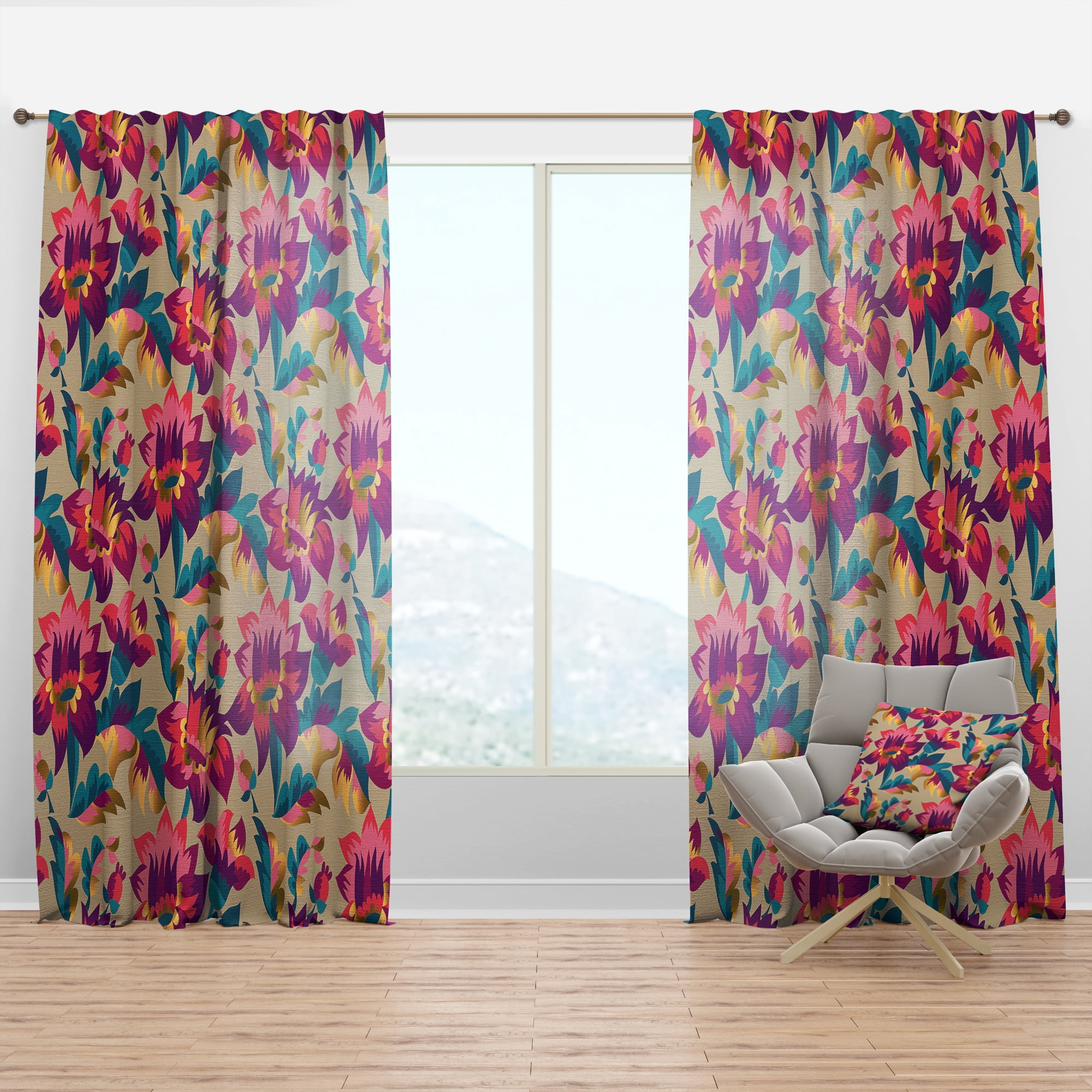 Designart 'Elegant blossom Retro pattern' Mid-Century Modern Curtain Panel