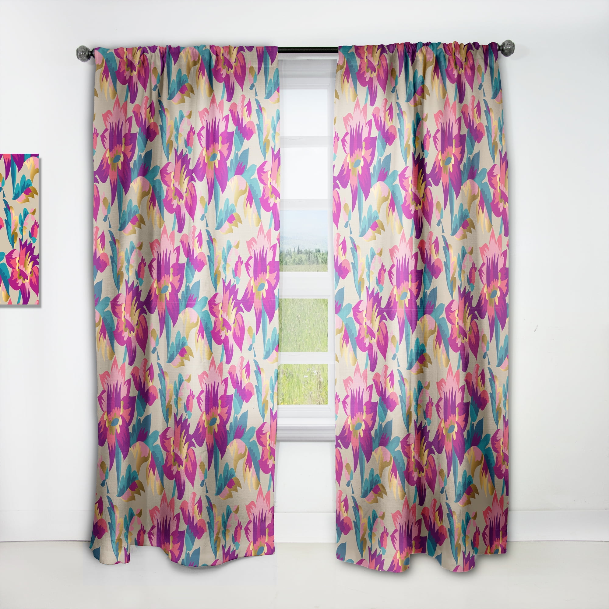 Designart 'Elegant blossom Retro pattern' Mid-Century Modern Curtain Panel