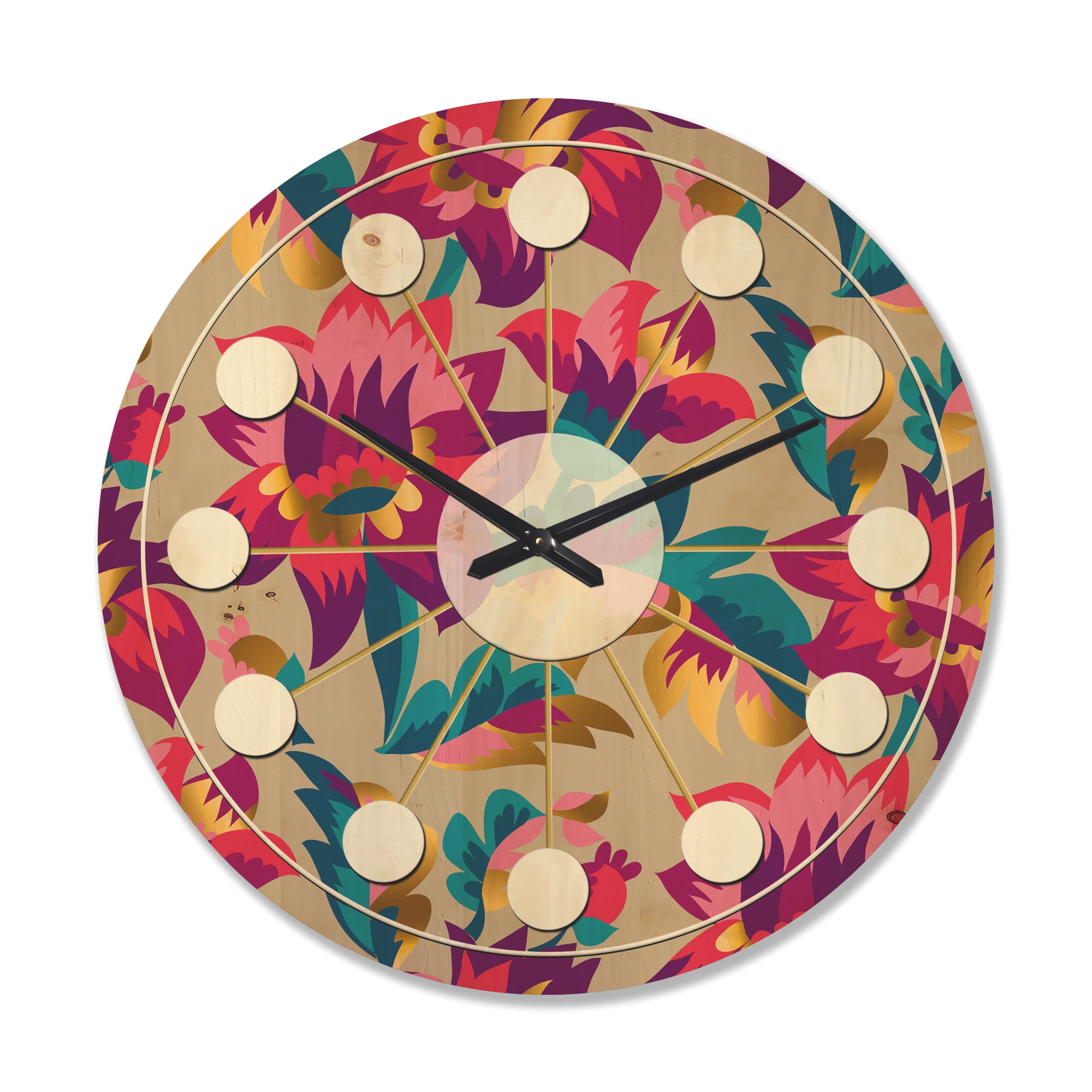 Designart 'Elegant blossom Retro pattern' Mid-Century Modern Wood Wall Clock