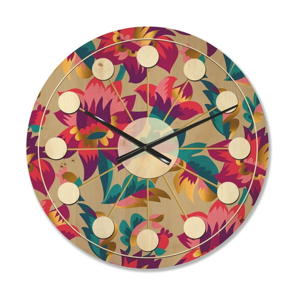 Designart 'Elegant blossom Retro pattern' Mid-Century Modern Wood Wall Clock