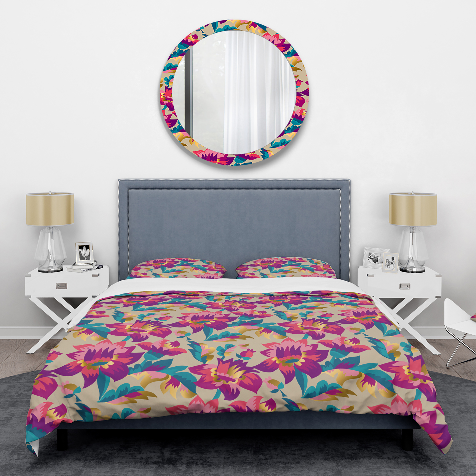 Designart 'Elegant blossom hand drawn folk pattern' Mid-Century Modern Duvet Cover Set