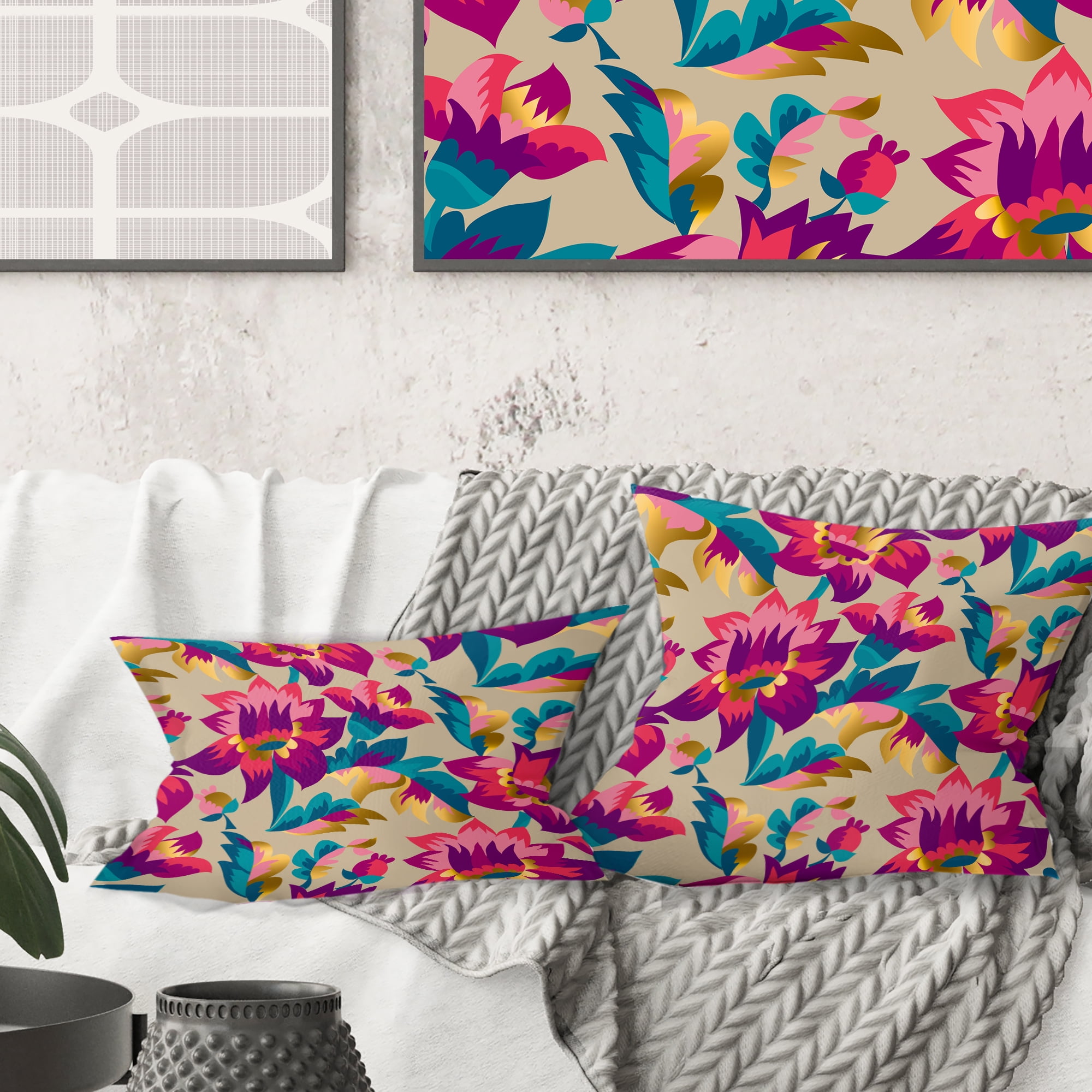 Designart Elegant blossom hand drawn folk pattern' Mid-Century Modern Throw Pillow - 16x16