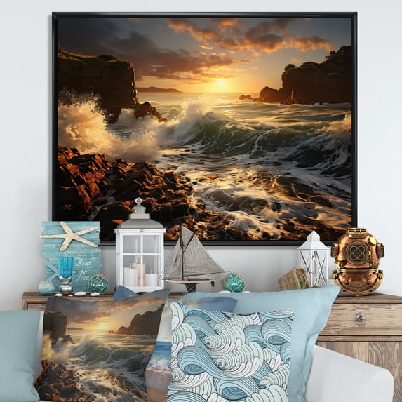 Designart "Elemental Encounter Rocky Beach wall art" Nautical & Beach Floater Framed Canvas Wall Art
