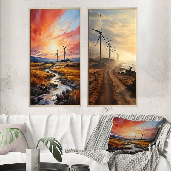 Designart "Elemental Forces in Wind Turbines I" Wind Turbines Framed Wall Art Set Of 2 - Multi-Color Architecture Gallery Wall Frame Set For Home Decor