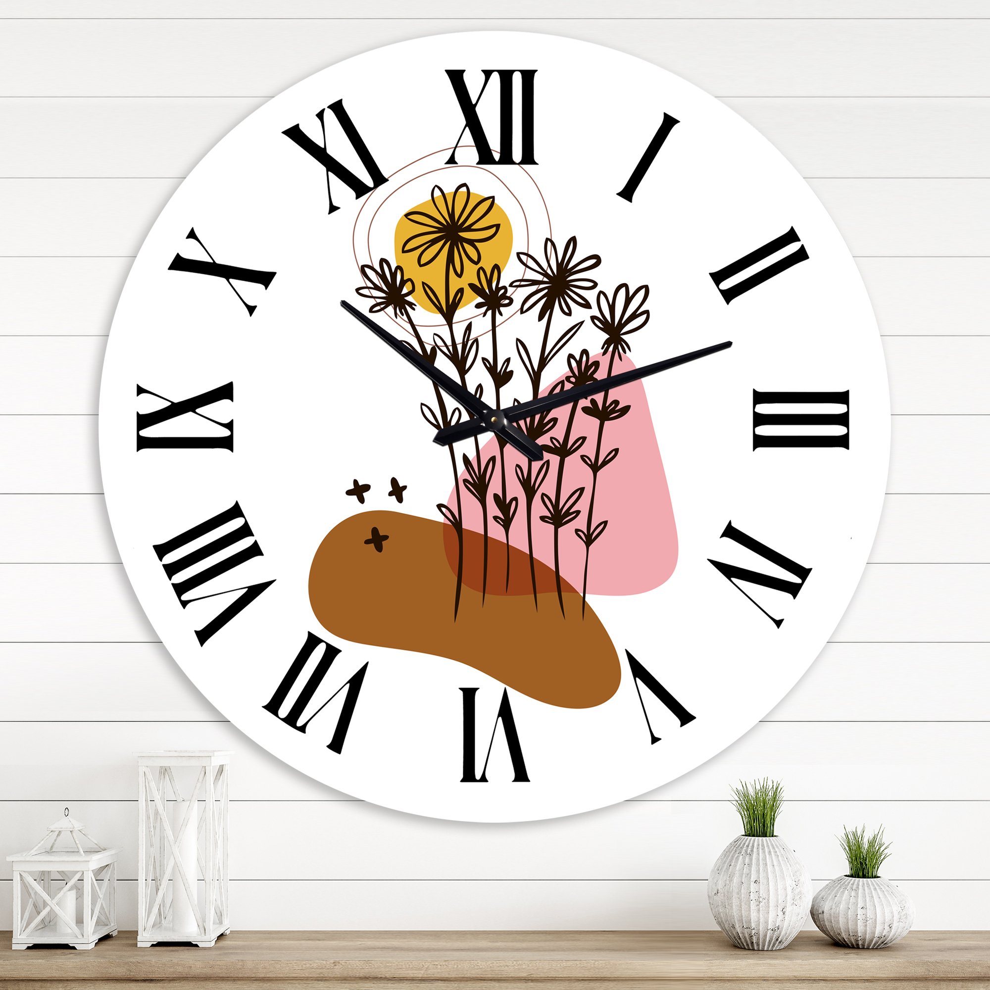 Designart 'Elementary Shapes With Abstract Flowers Plants I' Modern Wall Clock