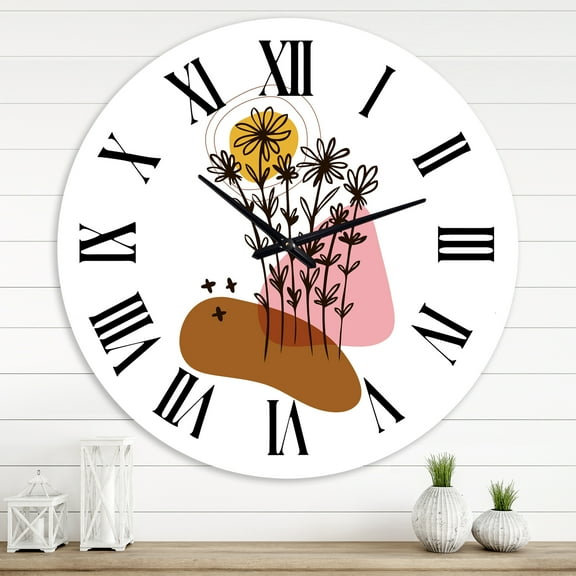 Designart 'Elementary Shapes With Abstract Flowers Plants I' Modern Wall Clock