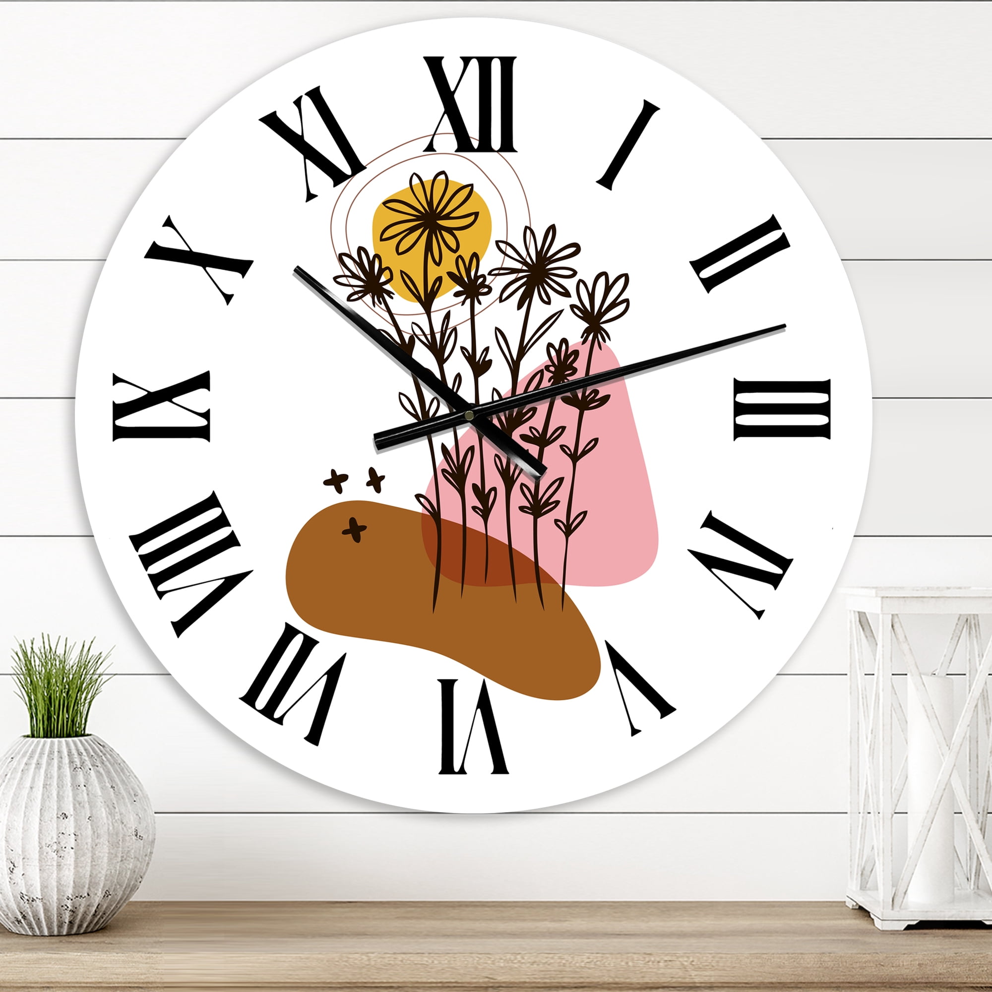 Designart 'Elementary Shapes With Abstract Flowers Plants I' Modern Wall Clock