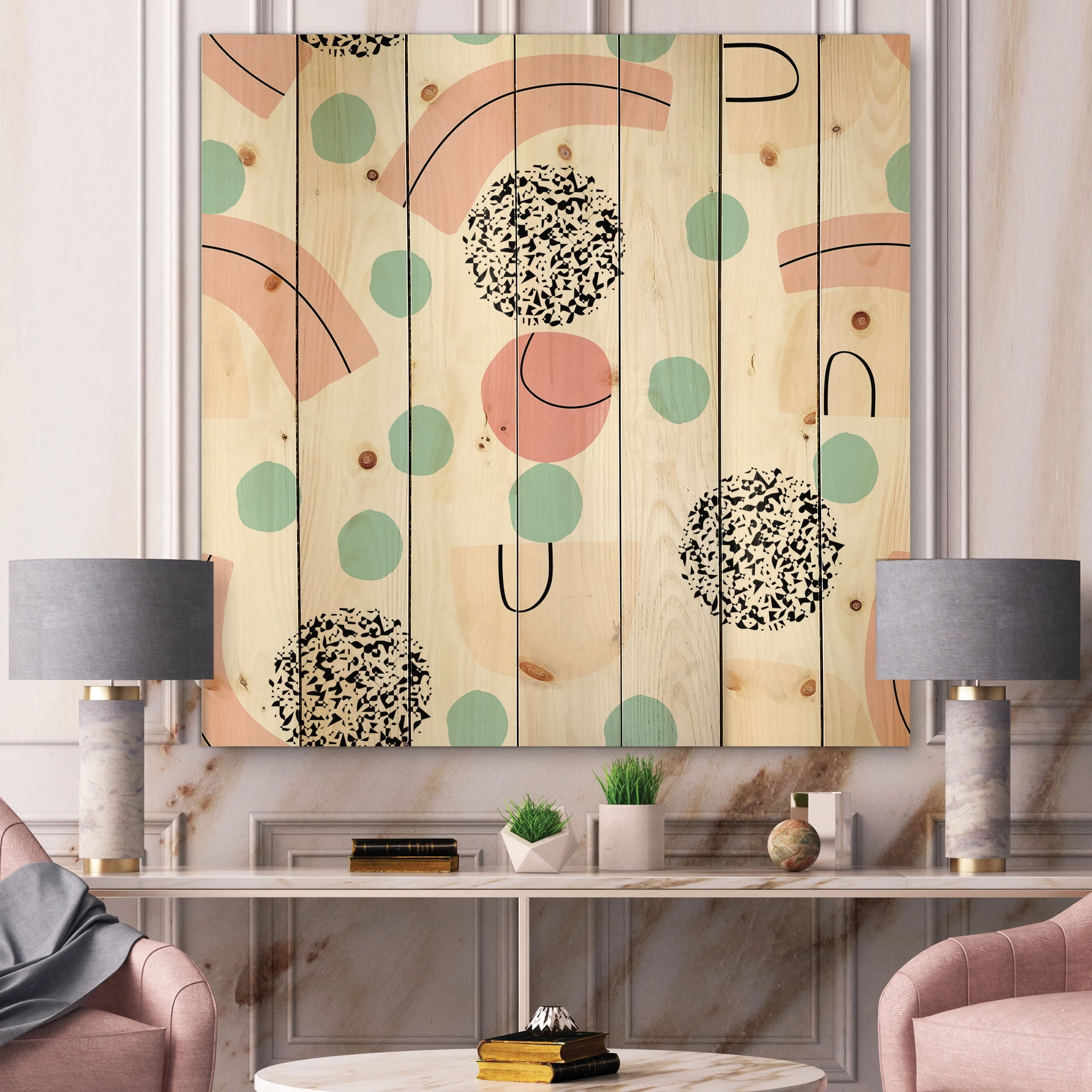 Designart 'Elements and Organic In Pastel Tones' Modern Print on Natural Pine Wood