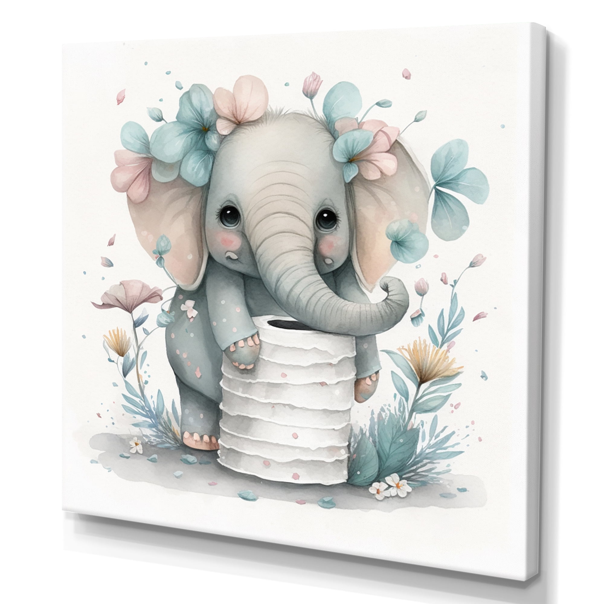 Designart Elephant Building A Tower Of Toilet Paper With Flowers I Canvas Wall Art