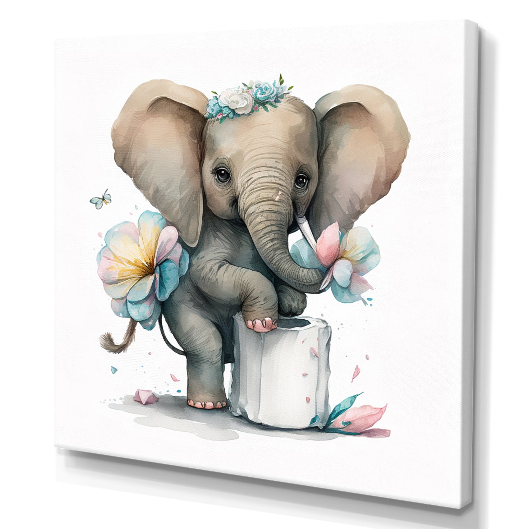 Designart Elephant Building A Tower Of Toilet Paper With Flowers II Canvas Wall Art