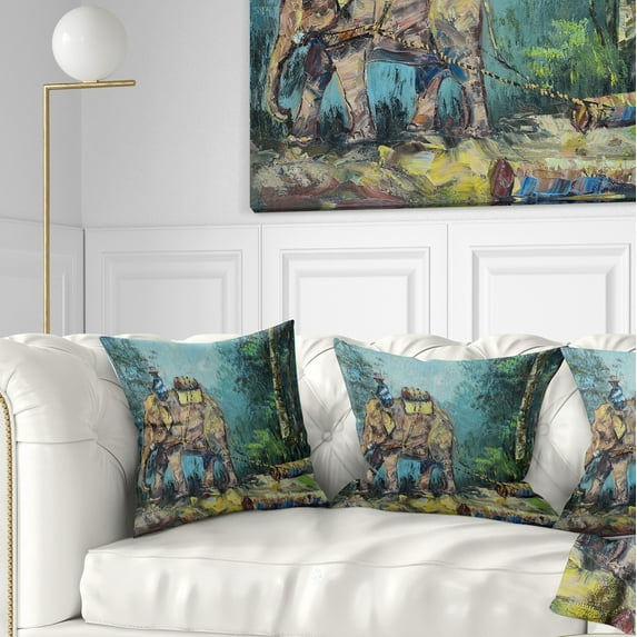 Designart Elephant Dragging Logs - Animal Throw Pillow - 18x18