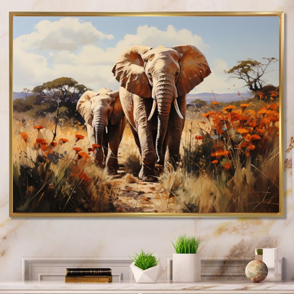 Designart "Elephant Family euphony" Animals Floater Framed Canvas Wall Art
