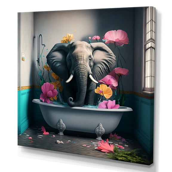 Designart Elephant In The Bath Canvas Wall Art